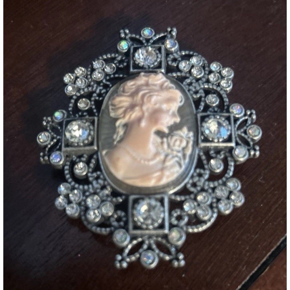 Vintage Cameo Style Rhinestone Brooch w Extenders Victorian Revival